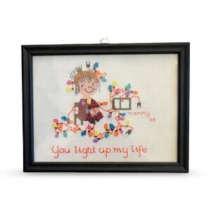 Vintage Framed Christmas Holiday You light up my life Counted Cross Stitch